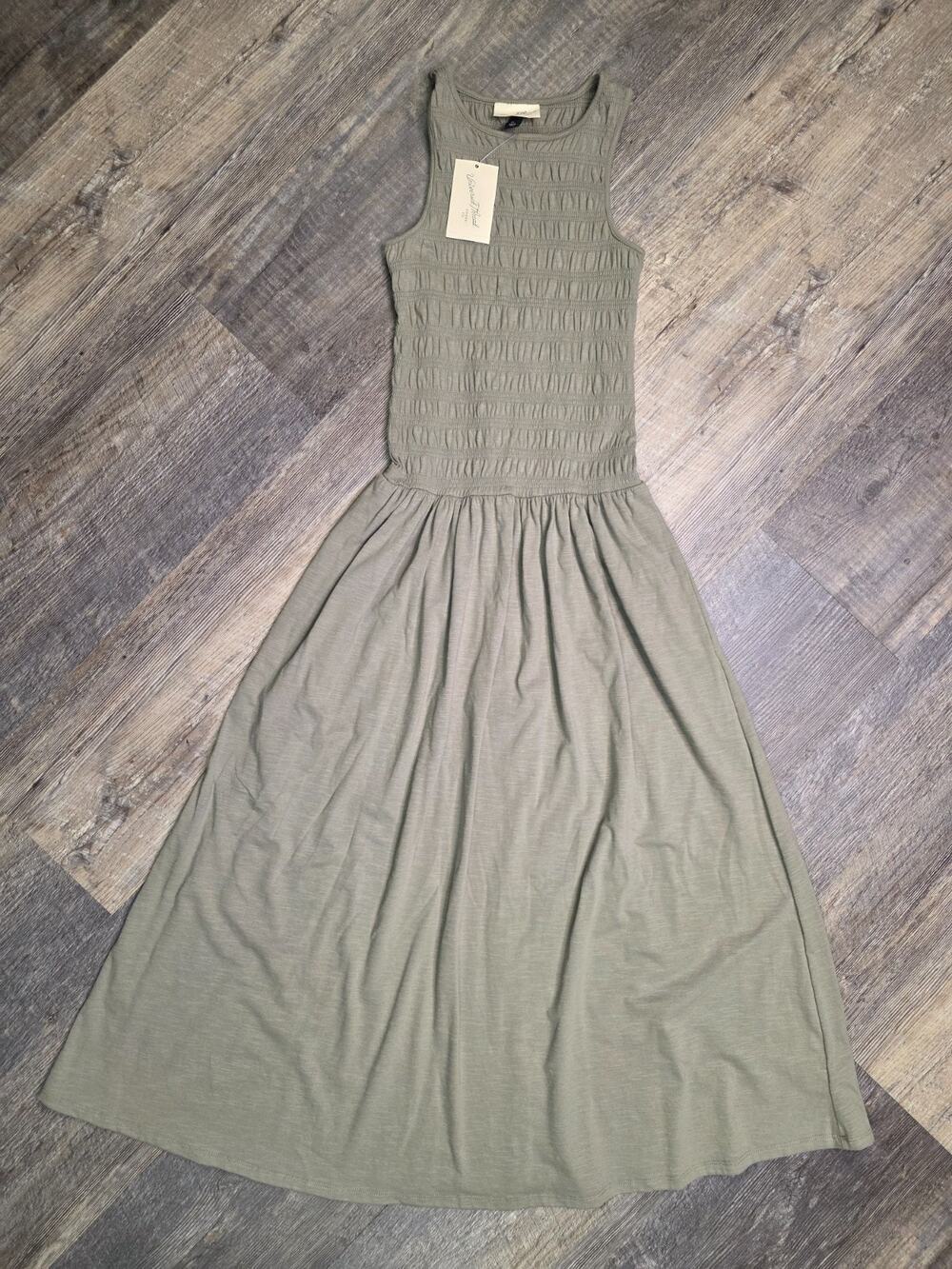 Universal Thread Smocked Maxi Drop Waist A-Line Pocket Dress Olive Green XS